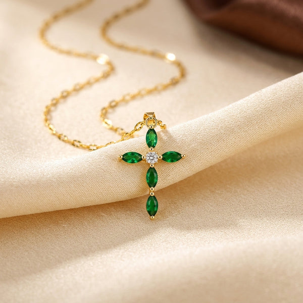 Gold Emerald Marquise Cross Necklace