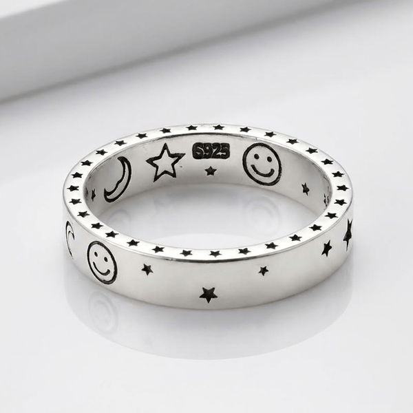 HAPPY MOON & STARS SILVER BAND RING - (ADJUSTABLE)
