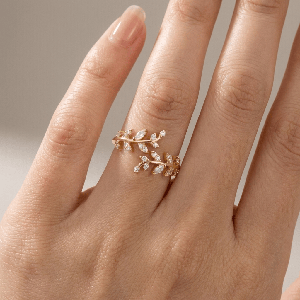 CRYSTAL LEAF VINE SILVER RING - (ADJUSTABLE)