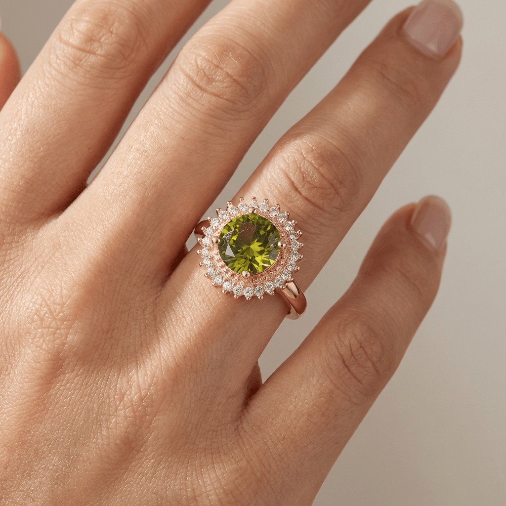 GOLD PERIDOT DIAMOND HALO RING