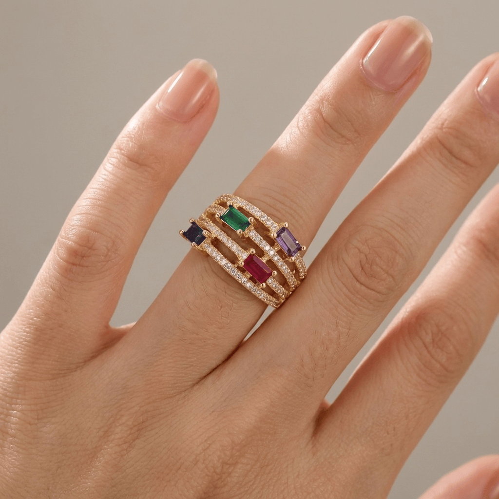 GOLD COLORFUL GEMSTONE RING - (ADJUSTABLE)