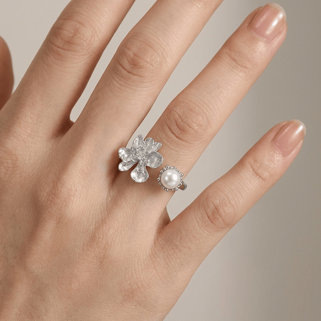 SILVER PEARL BEADED RING
