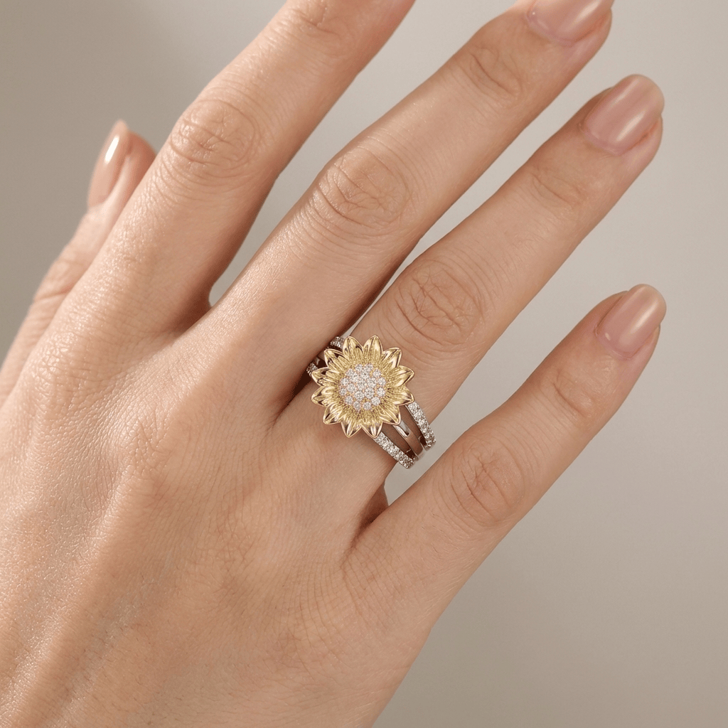 SILVER GOLD SUNFLOWER DIAMOND RING