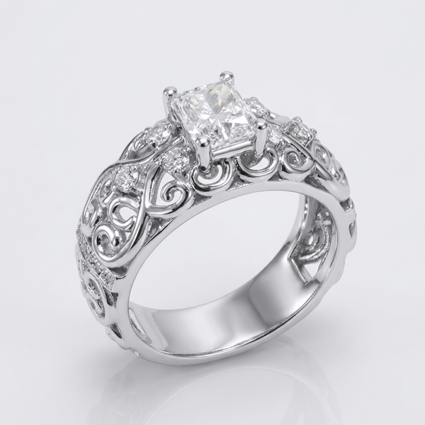 SILVER CUSHION DIAMOND CARVED RING