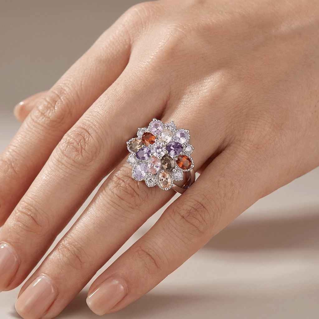 SILVER RAINBOW GEMSTONE BURST RING