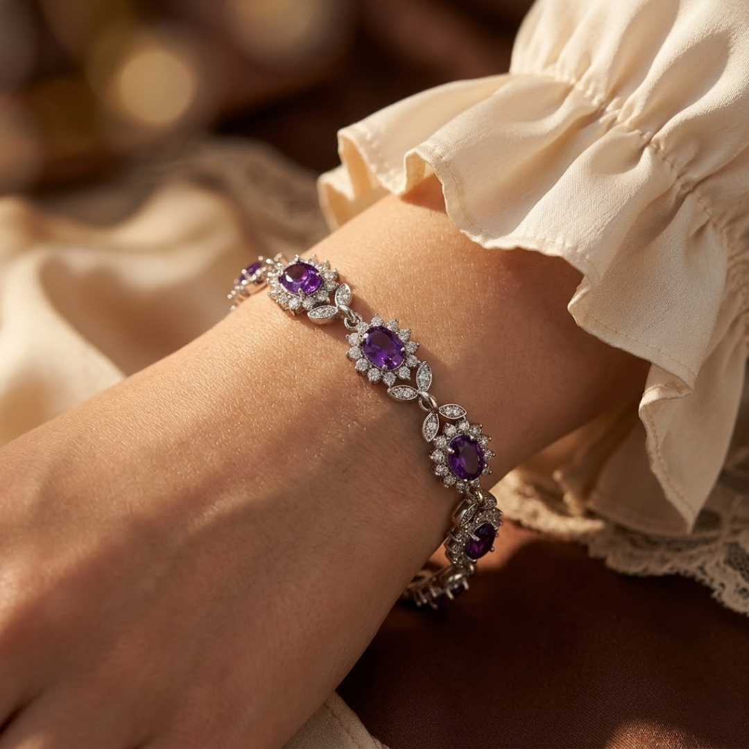 Silver Amethyst Floral Bracelet
