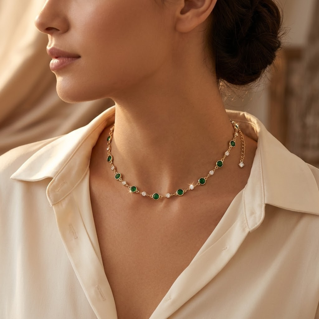 Gold Emerald Station Necklace