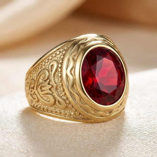 Gold Ruby Engraved Ring