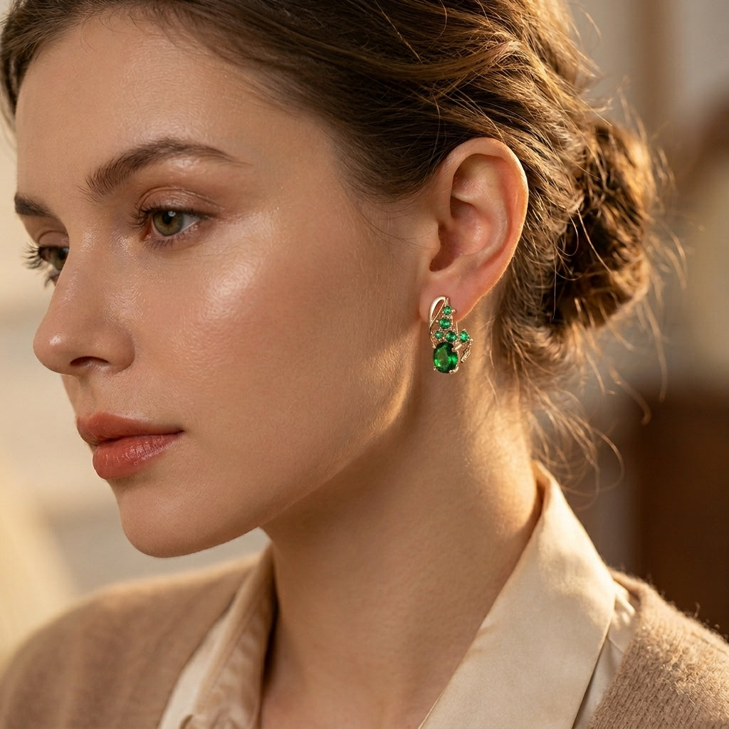Gold Emerald Cluster Drop Earrings