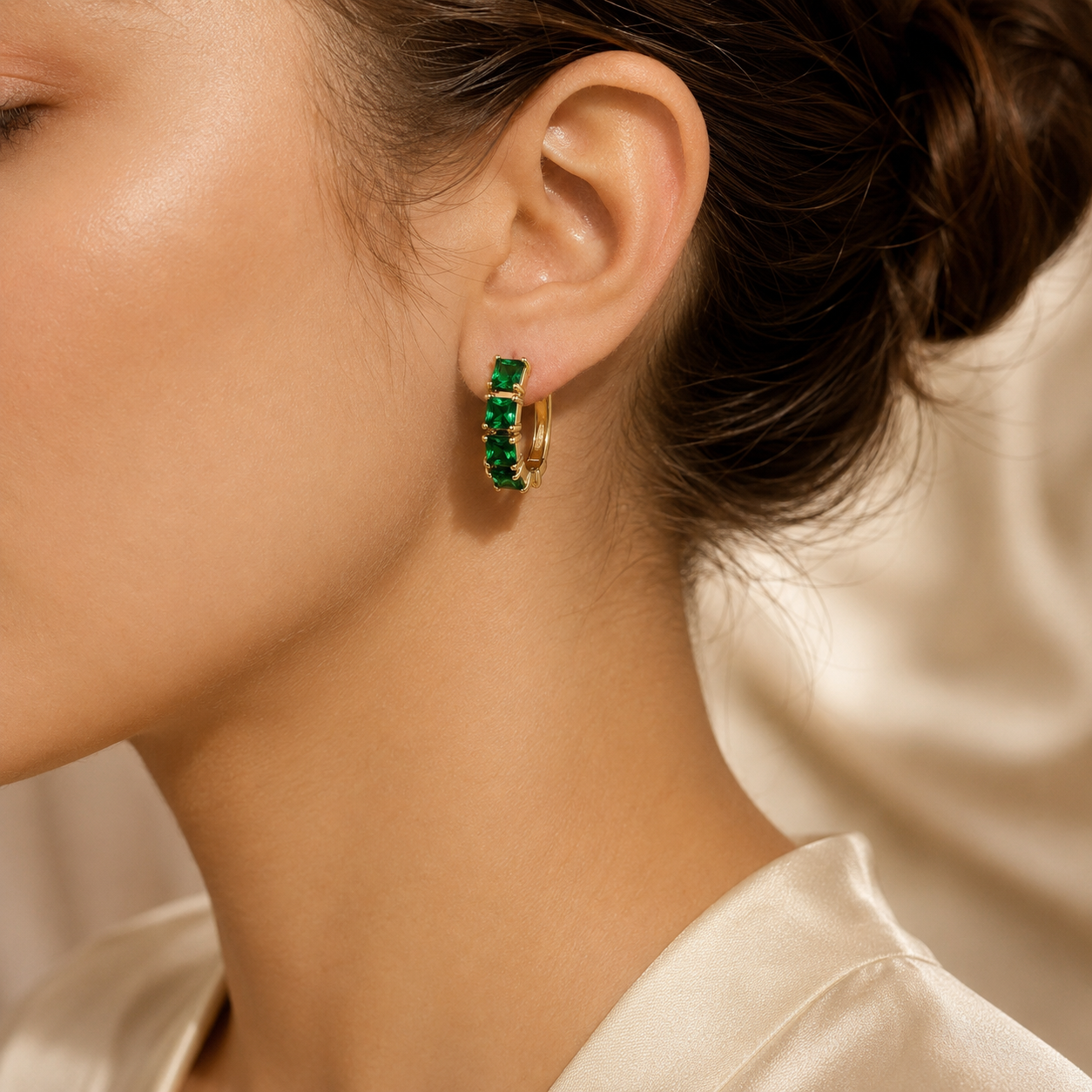Gold Emerald Chunky Hoop Earrings