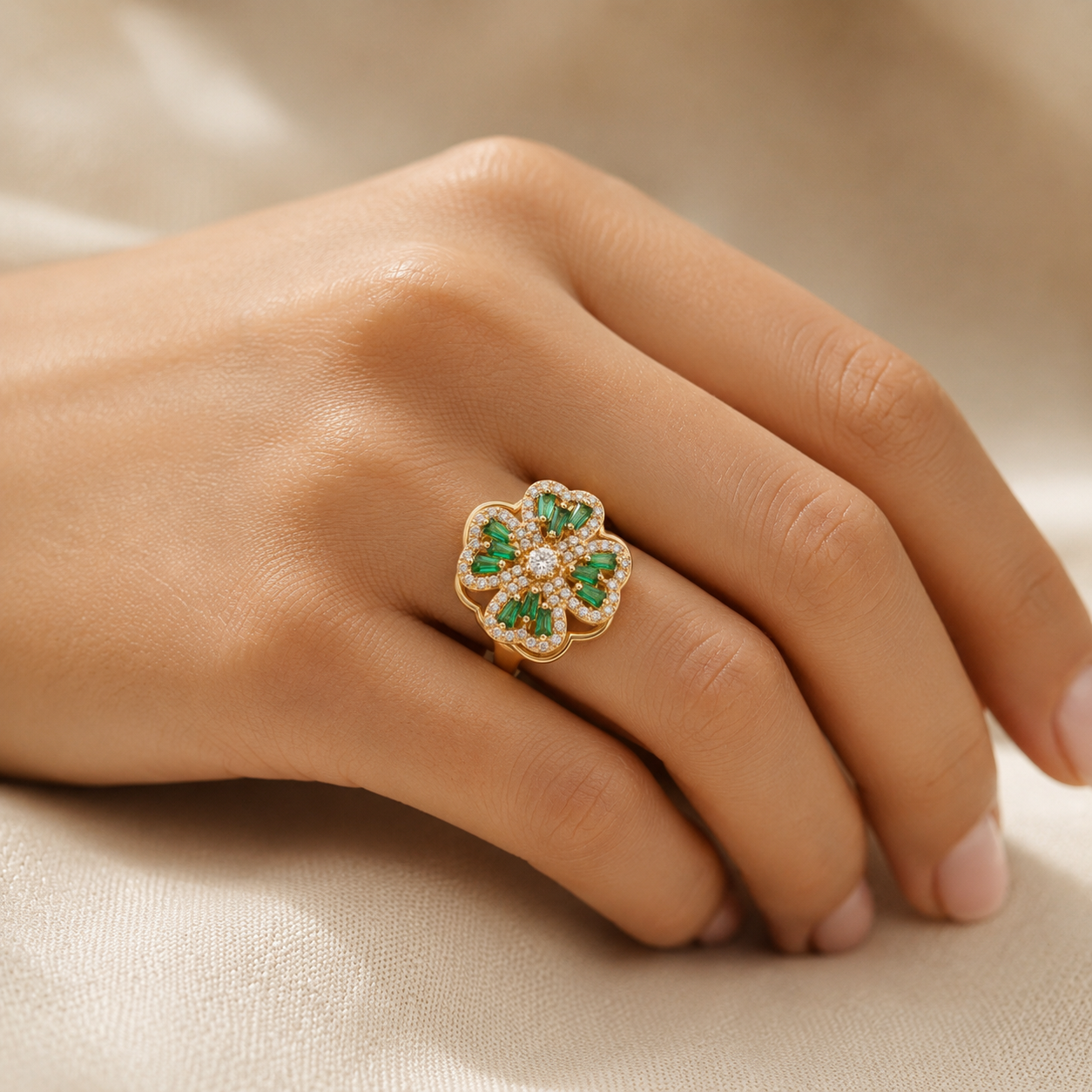 Gold Emerald Floral Ring