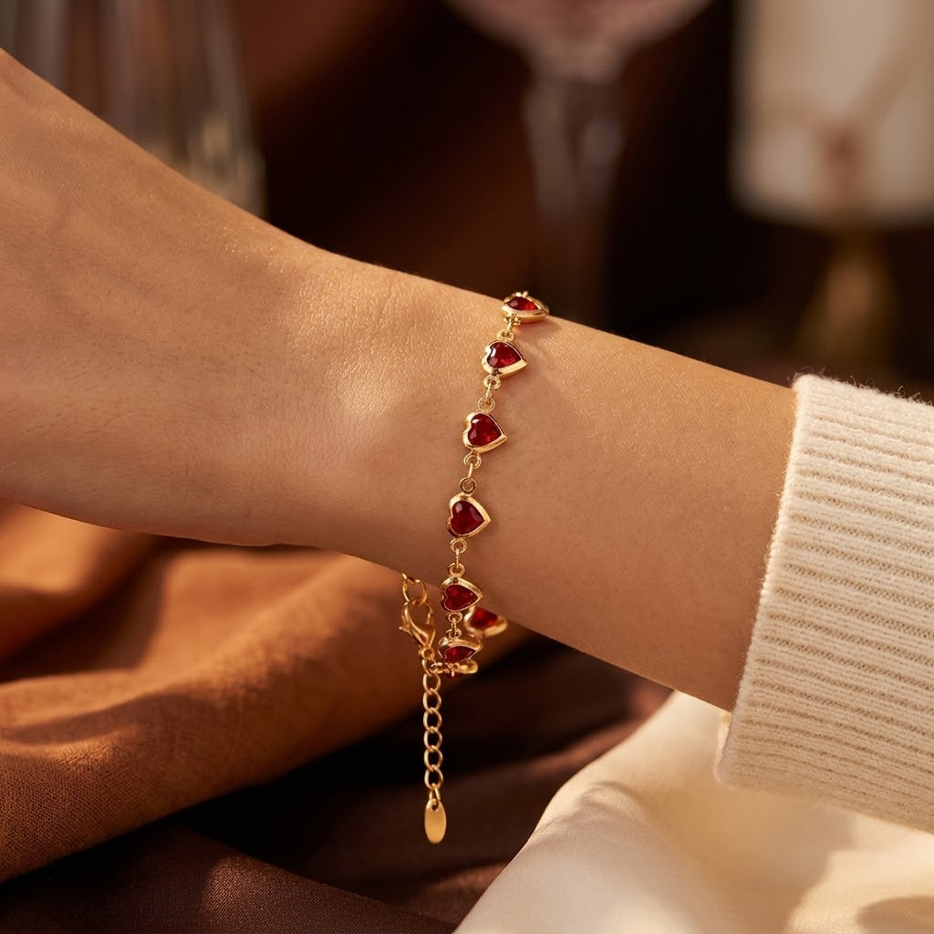 Gold Ruby Heart Chain Bracelet