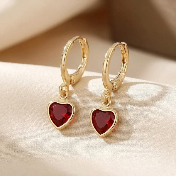 Gold Ruby Heart Drop Earrings