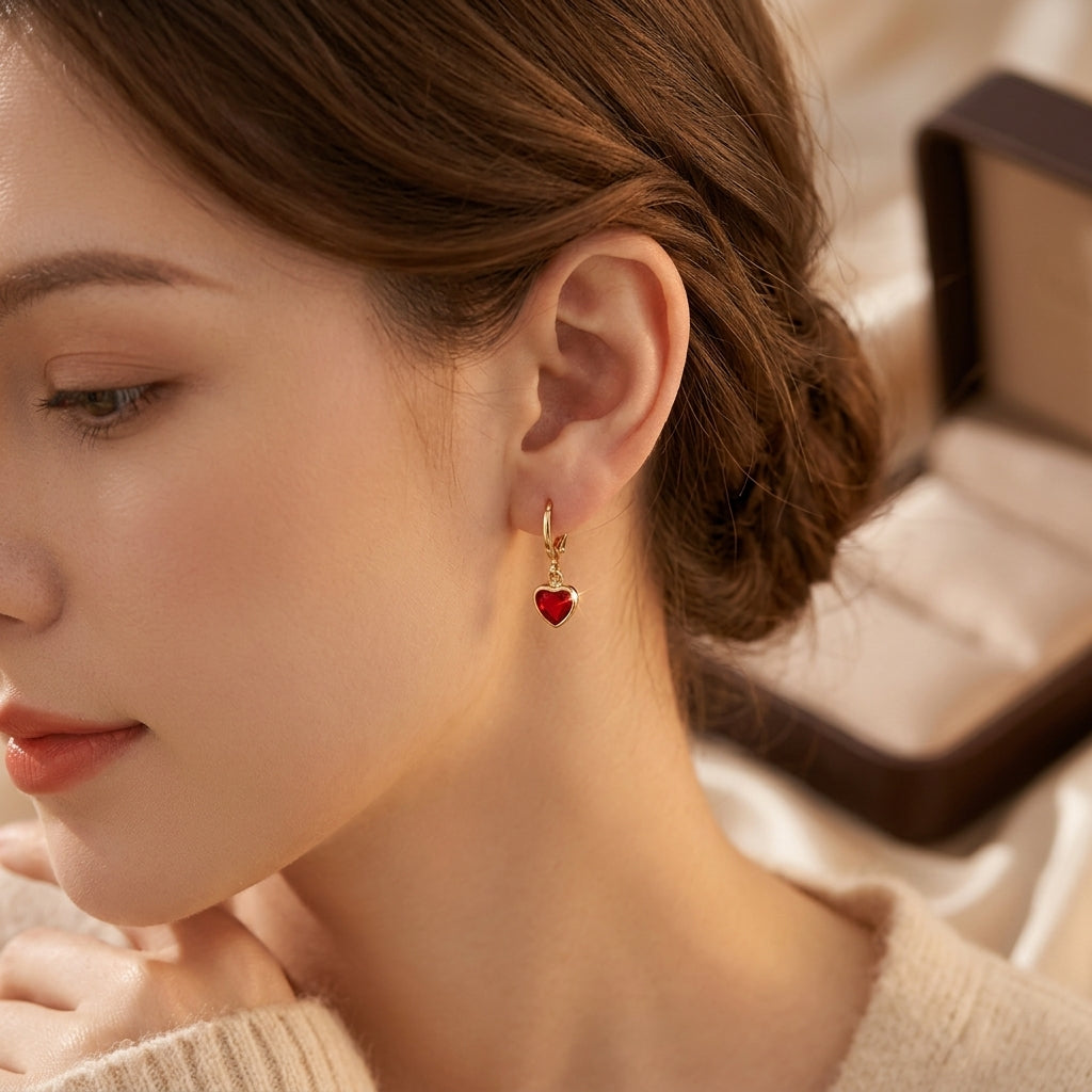 Gold Ruby Heart Drop Earrings