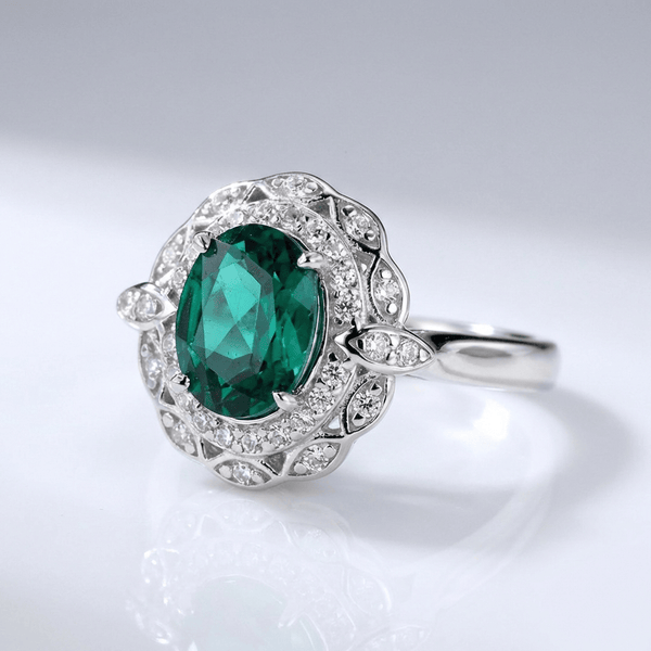 VINTAGE EMERALD SILVER FLORAL RING - (ADJUSTABLE)
