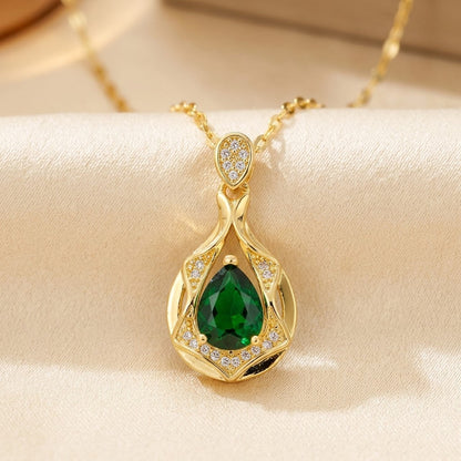 Gold Emerald Teardrop Pendant Necklace