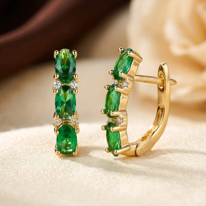 Gold Emerald Vertical Hoop Earrings