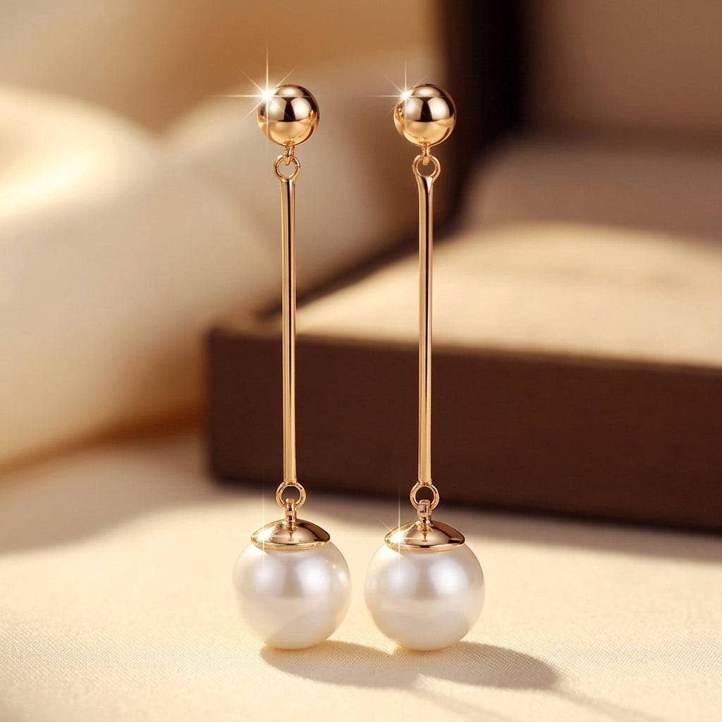 Gold Long Pearl Drop Earrings
