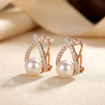 Gold Crisscross Pearl Stud Earrings
