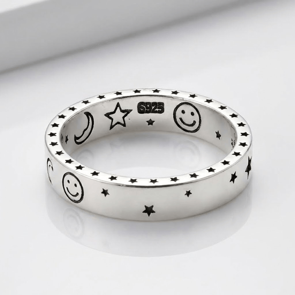 HAPPY MOON & STARS SILVER BAND RING - (ADJUSTABLE)