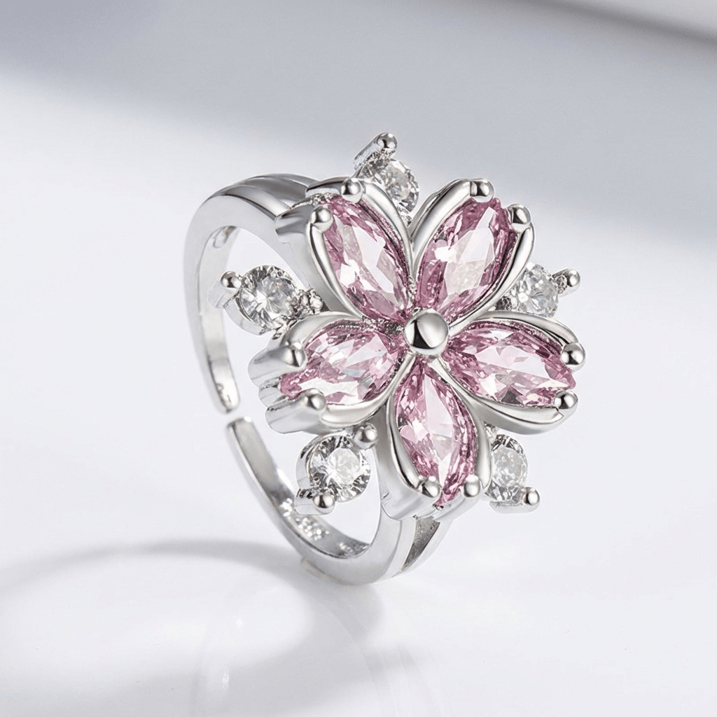 PINK CHERRY BLOSSOM CRYSTAL SILVER RING - (ADJUSTABLE)