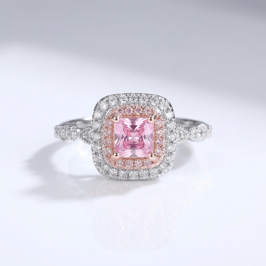 PINK CUSHION ZIRCONIA HALO RING
