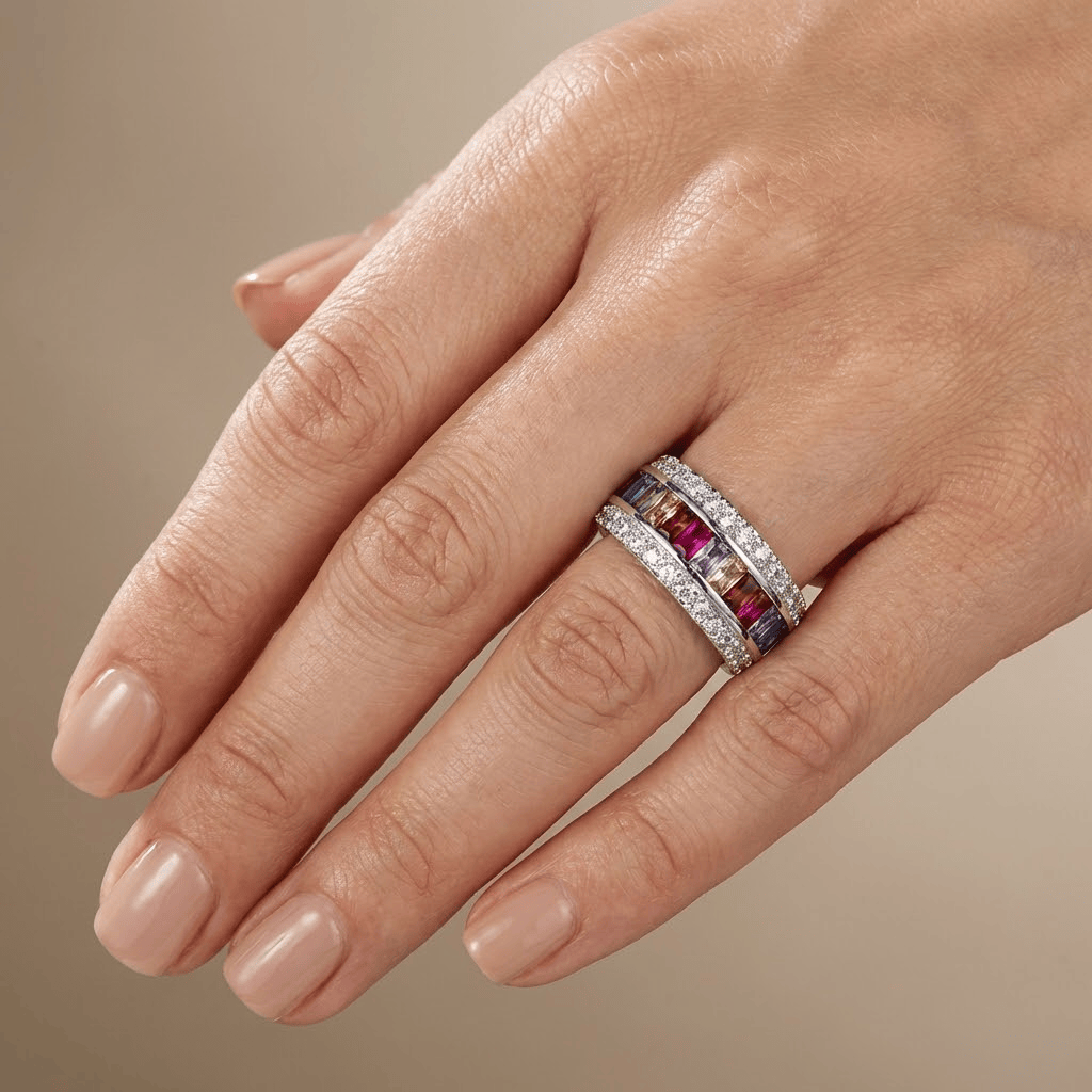 SILVER RAINBOW GEMSTONE BAND RING