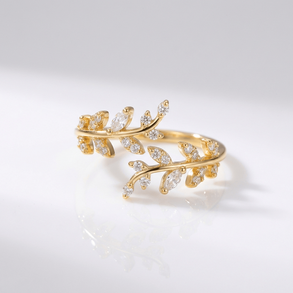 CRYSTAL LEAF VINE SILVER RING - (ADJUSTABLE)