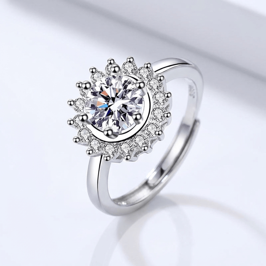 SILVER ROUND DIAMOND SUNBURST RING - (ADJUSTABLE)