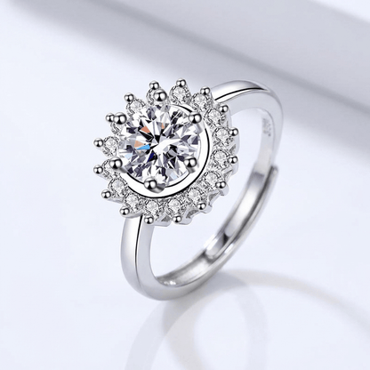 SILVER ROUND DIAMOND SUNBURST RING - (ADJUSTABLE)