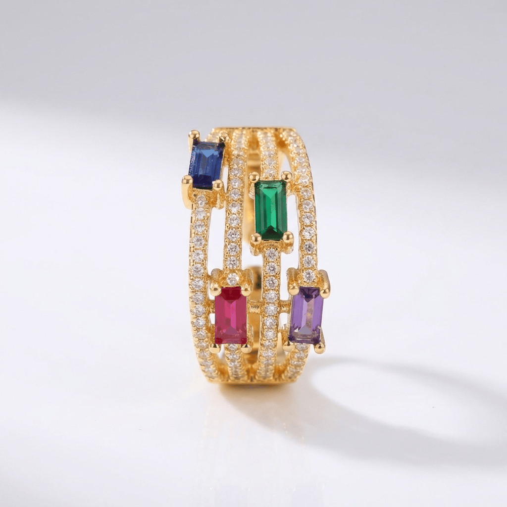GOLD COLORFUL GEMSTONE RING - (ADJUSTABLE)