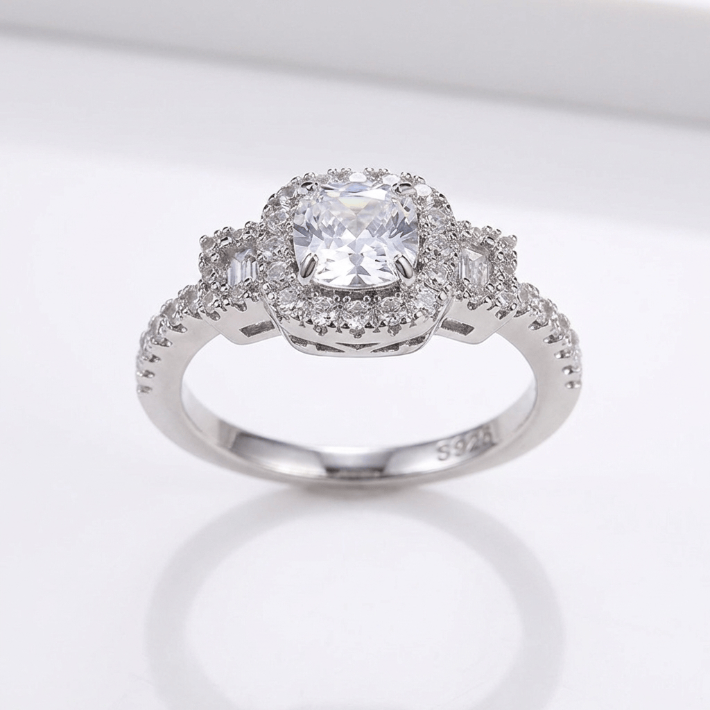 SILVER CUSHION DIAMOND HALO RING