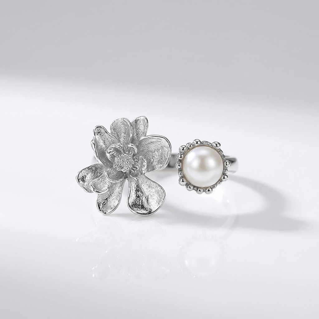 SILVER PEARL BEADED RING