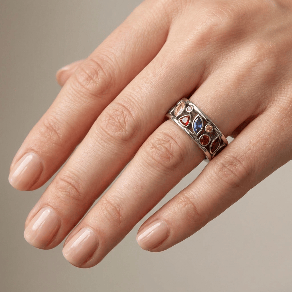 SILVER MULTI STONE RAINBOW RING