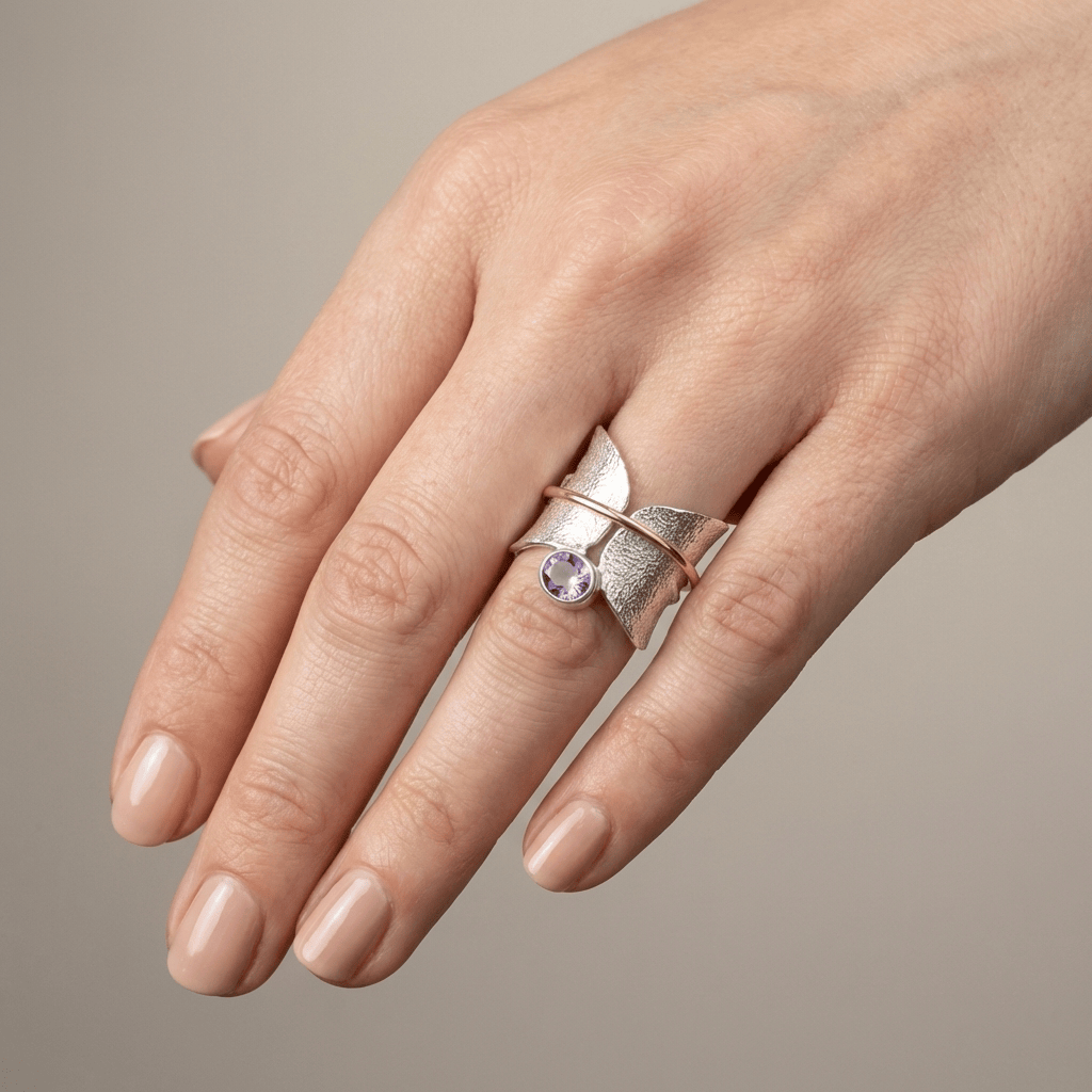 BUTTERFLY AMETHYST SILVER & GOLD RING