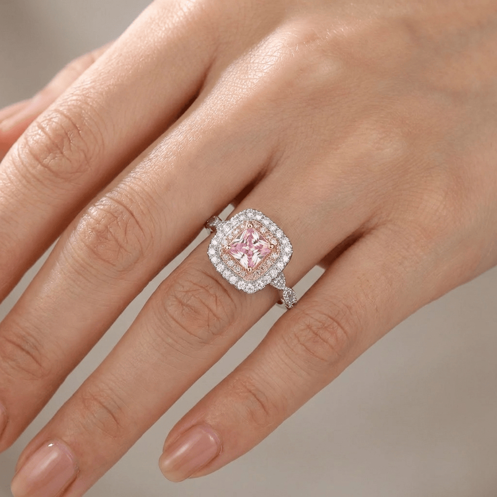 PINK CUSHION ZIRCONIA HALO RING