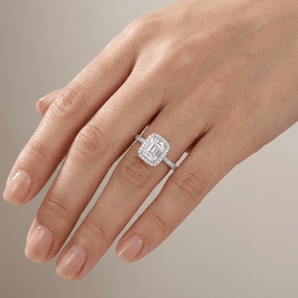 EMERALD CUT ZIRCONIA SILVER HALO RING