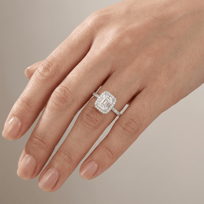 EMERALD CUT ZIRCONIA SILVER HALO RING