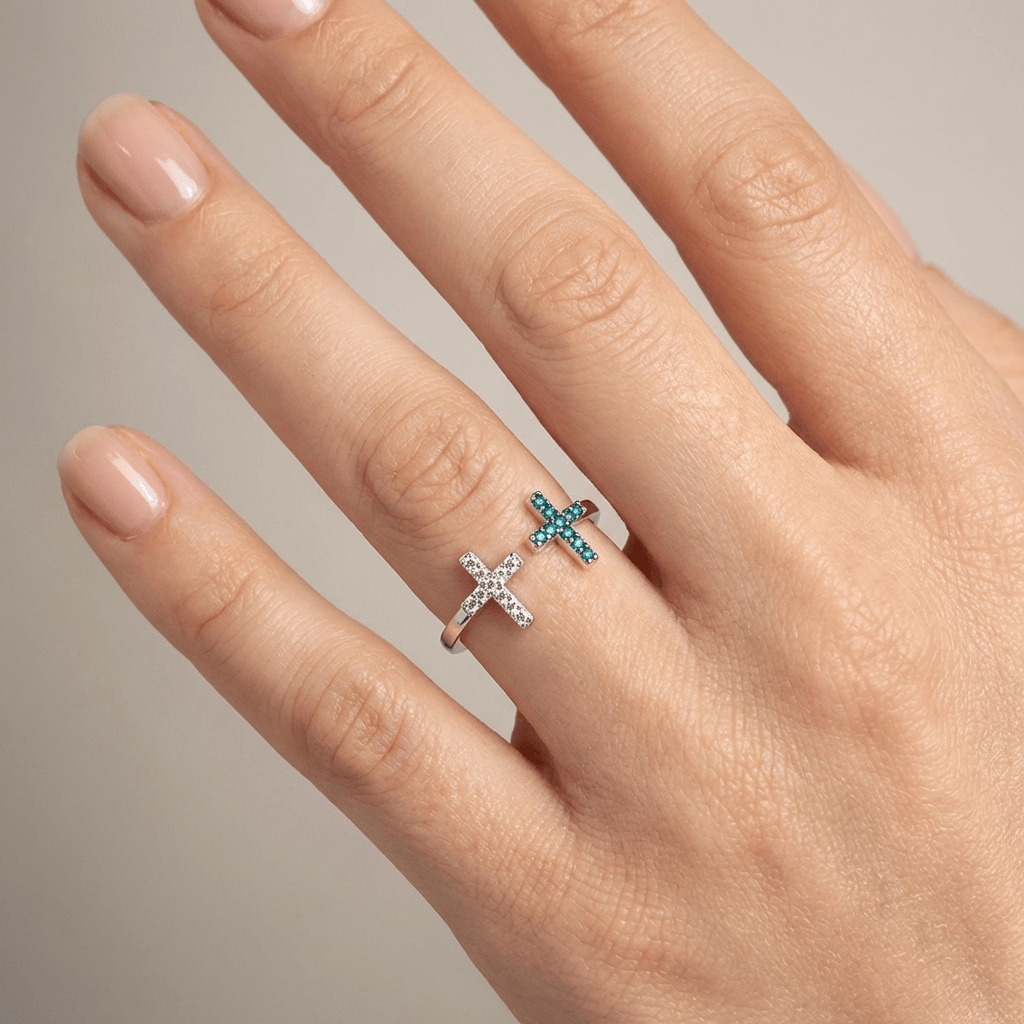 DOUBLE CROSS TURQUOISE & SILVER RING - (ADJUSTABLE)