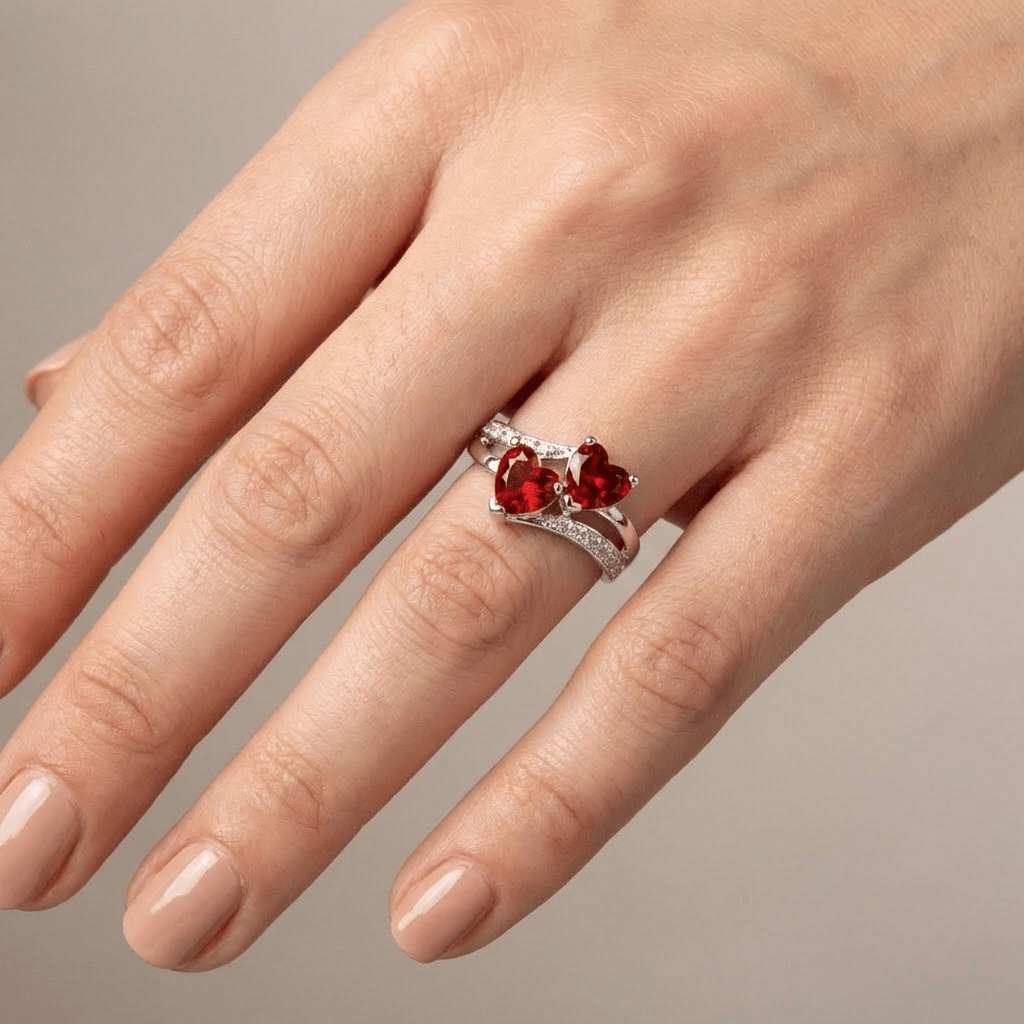DOUBLE RED HEART SILVER RING