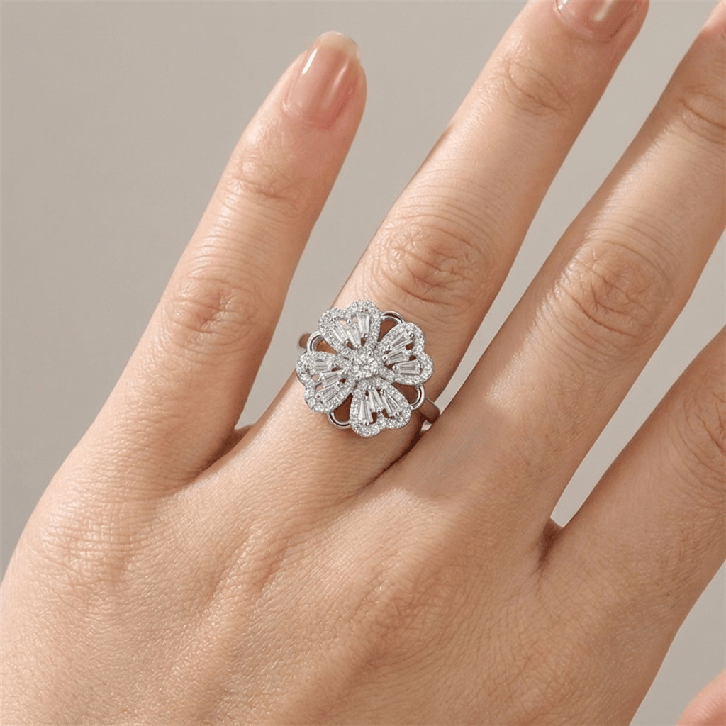 BAGUETTE ZIRCONIA ROTATING FLOWER RING - (ADJUSTABLE)
