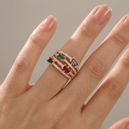 GOLD COLORFUL GEMSTONE RING - (ADJUSTABLE)