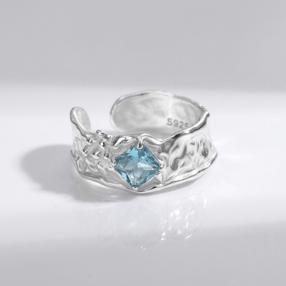 SILVER AQUAMARINE TEXTURED RING - (ADJUSTABLE)