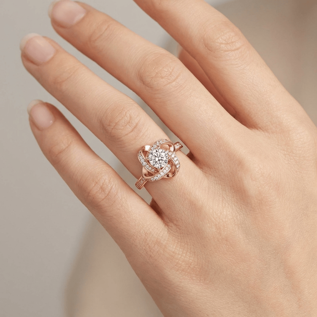 ROSE GOLD ZIRCONIA TWISTED KNOT RING - (ADJUSTABLE)