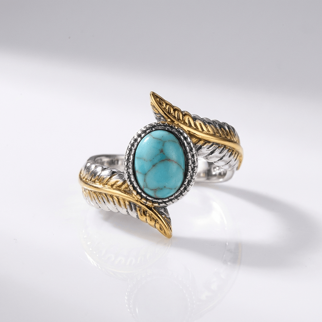 SILVER GOLD TURQUOISE BOHEMIAN RING