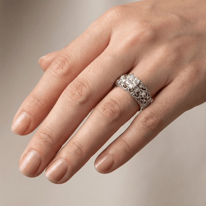 SILVER CUSHION DIAMOND CARVED RING