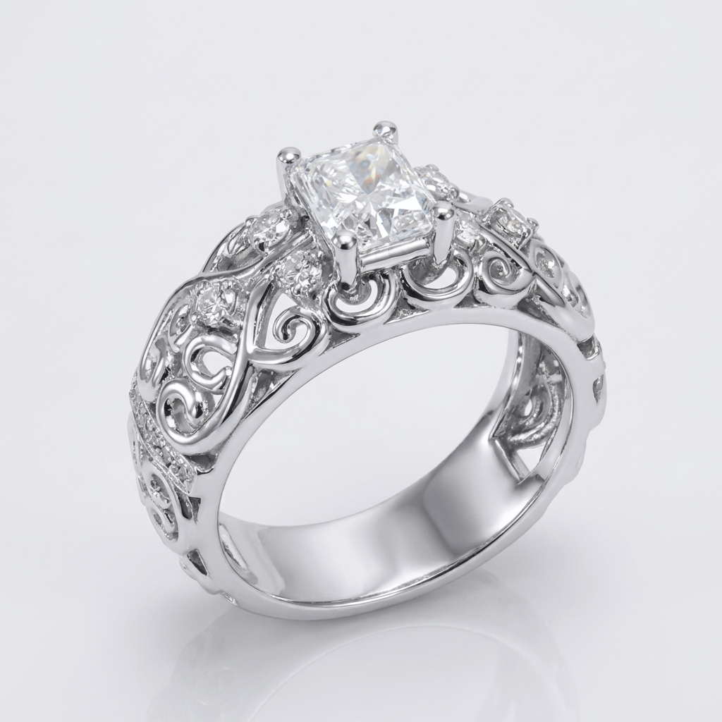 SILVER CUSHION DIAMOND CARVED RING