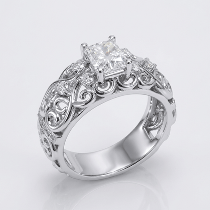 SILVER CUSHION DIAMOND CARVED RING