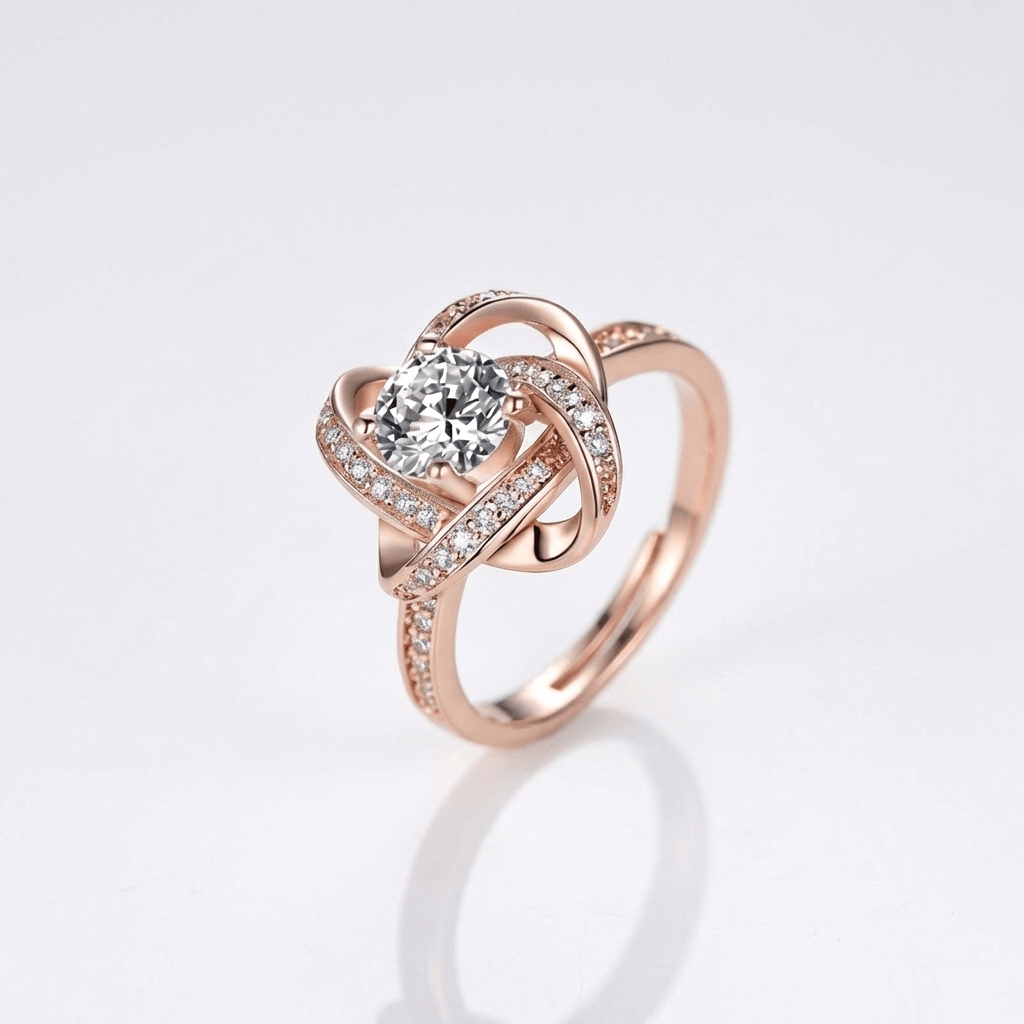 ROSE GOLD ZIRCONIA TWISTED KNOT RING - (ADJUSTABLE)