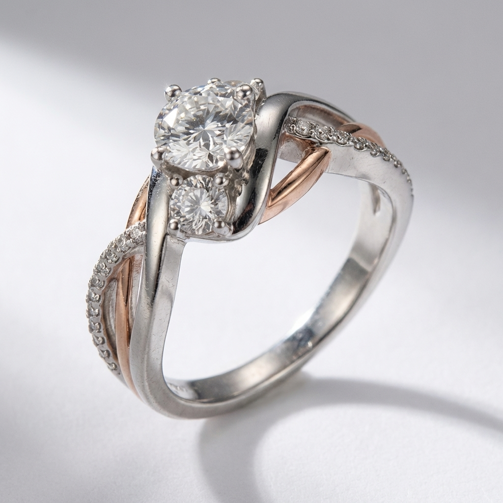 SILVER ROSE GOLD DIAMOND TWIST RING